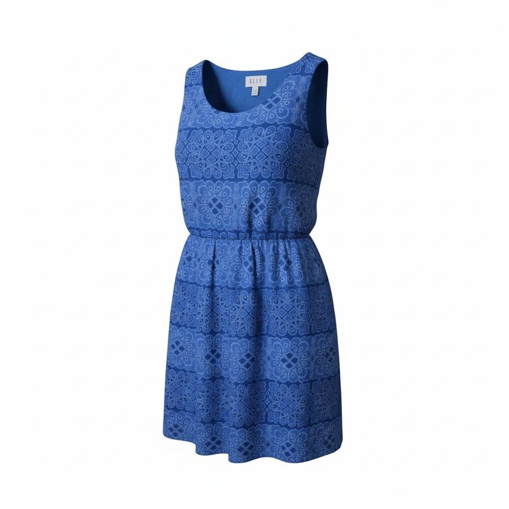 Elle Blue Fit & Flare Resort Casual Lg Sleeveless Boho Medallion Summer Dress